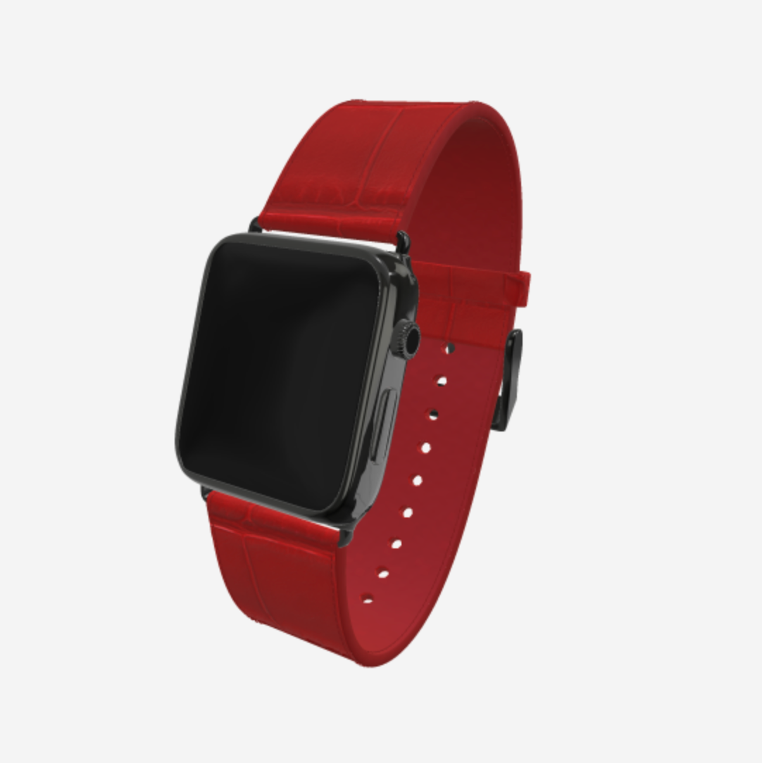 Apple Watch Strap in Genuine Alligator 38 l 40 MM Coral Red Black Plating 