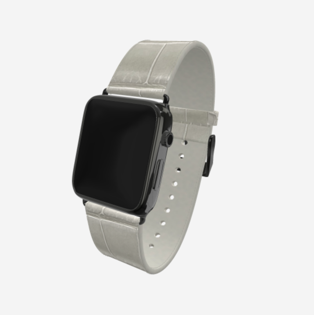 Apple Watch Strap in Genuine Alligator 38 l 40 MM Pearl Grey Black Plating 