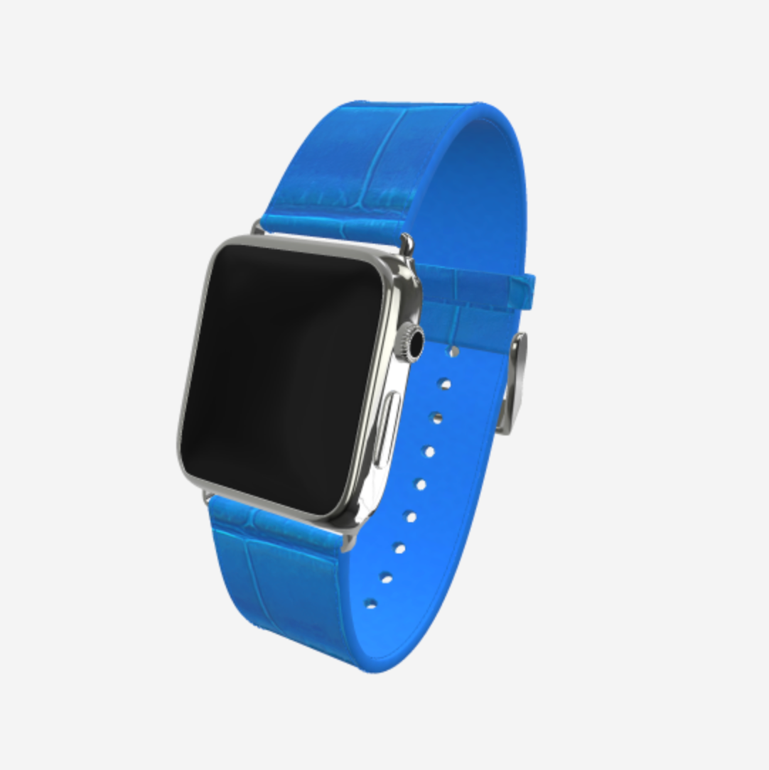 Apple Watch Strap in Genuine Alligator 38 l 40 MM Royal Blue Steel 316 