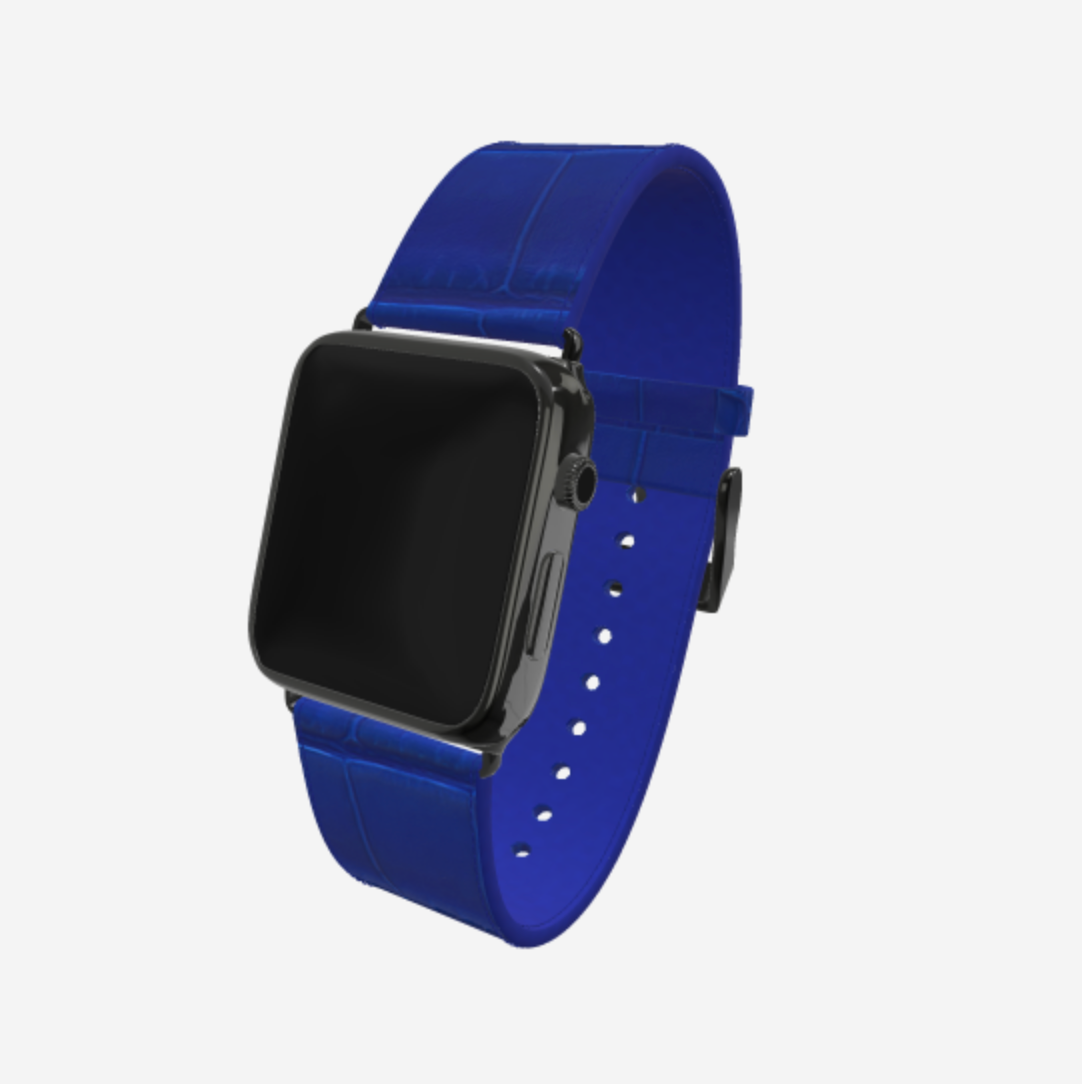 Apple Watch Strap in Genuine Alligator 42 l 44 MM Electric Blue Black Plating 
