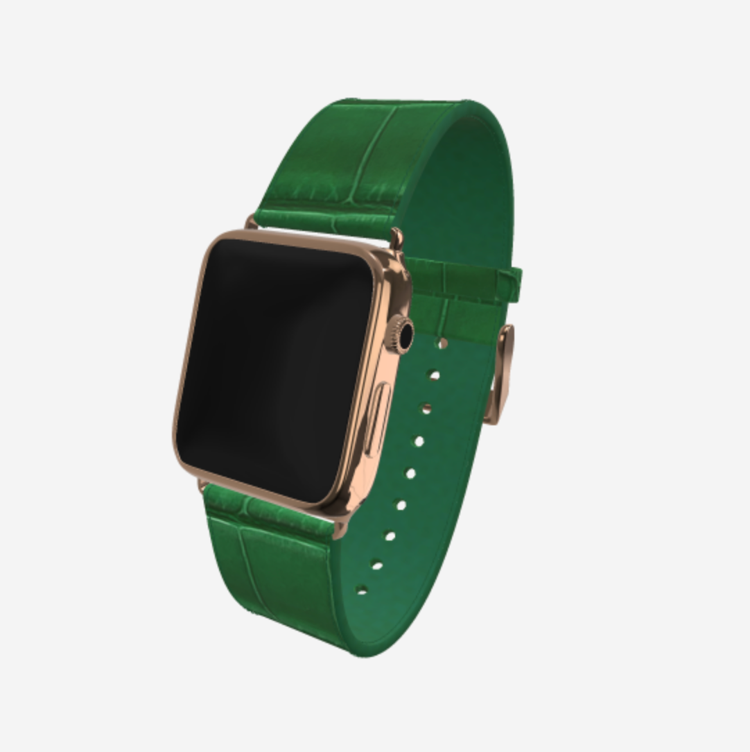 Apple Watch Strap in Genuine Alligator 42 l 44 MM Emerald Green Rose Gold 