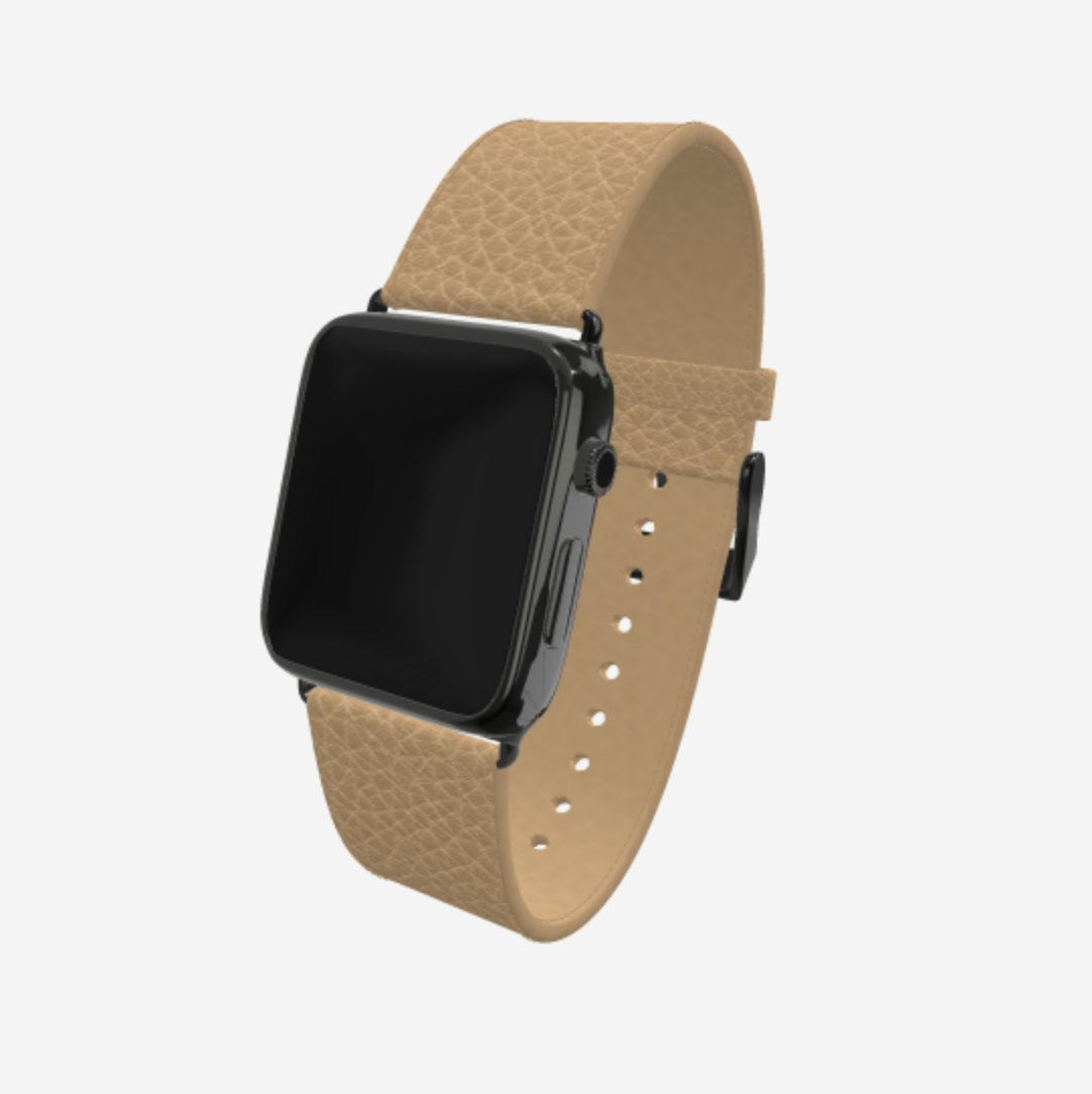 Apple Watch Strap in Genuine Calfskin 42 l 44 MM Beige Desert Black Plating 