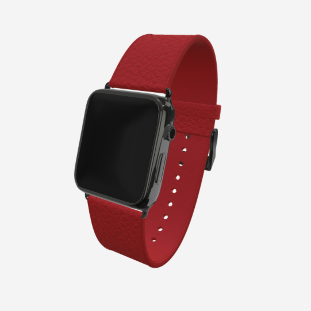 Apple Watch Strap in Genuine Calfskin 42 l 44 MM Coral Red Black Plating 