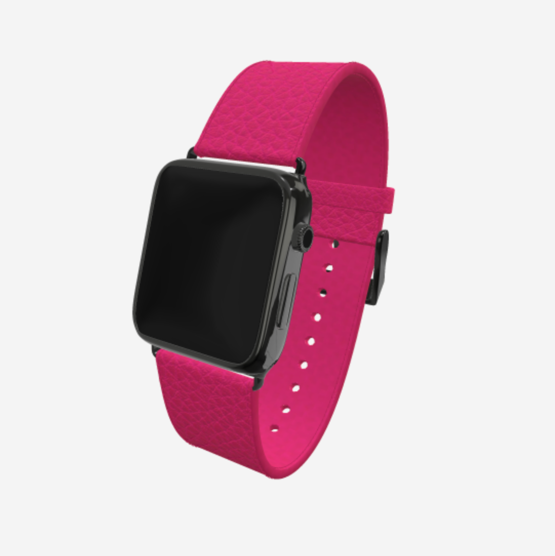 Apple Watch Strap in Genuine Calfskin 42 l 44 MM Fuchsia Party Black Plating 