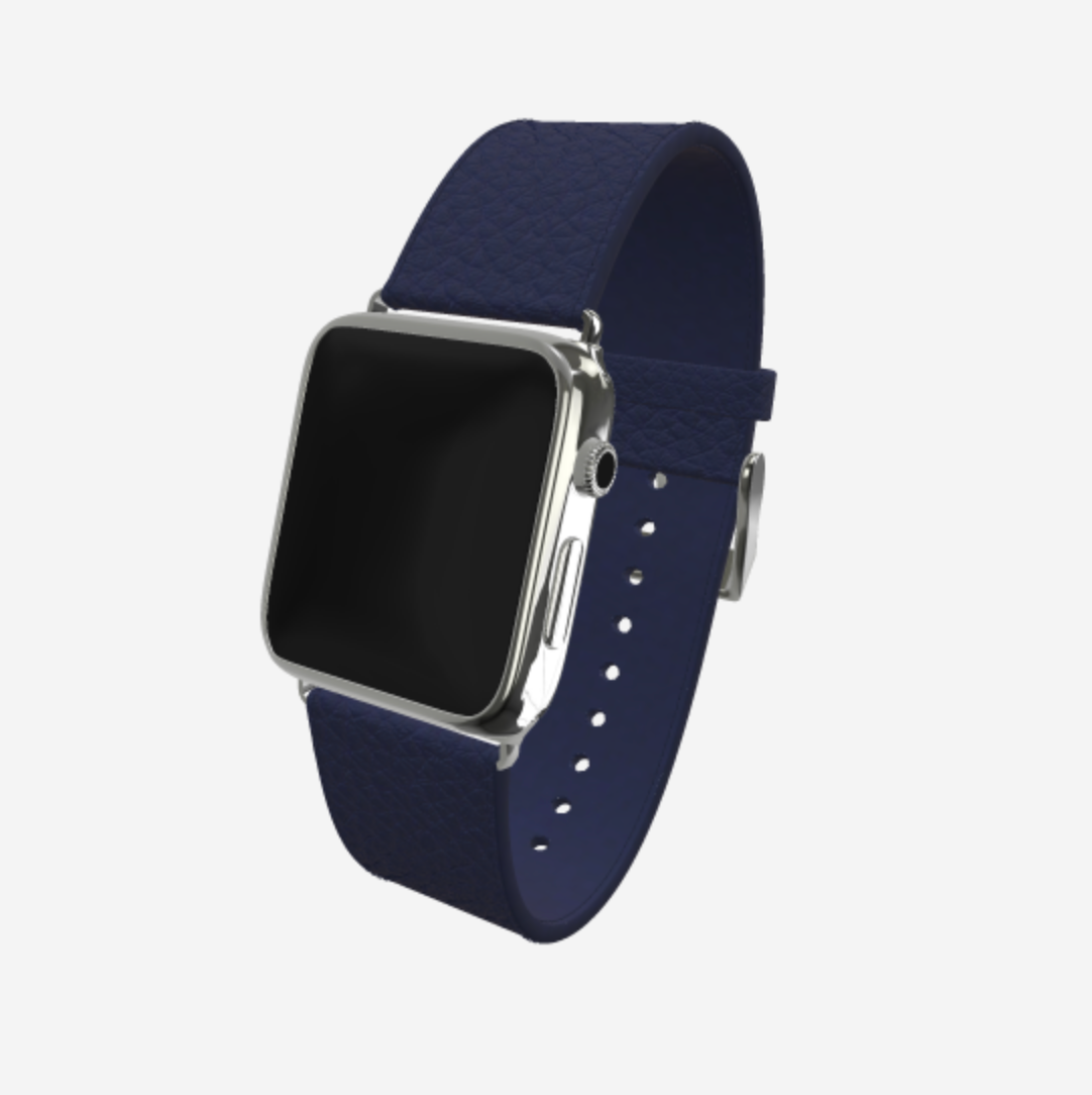 Apple Watch Strap in Genuine Calfskin 42 l 44 MM Navy Blue Steel 316 