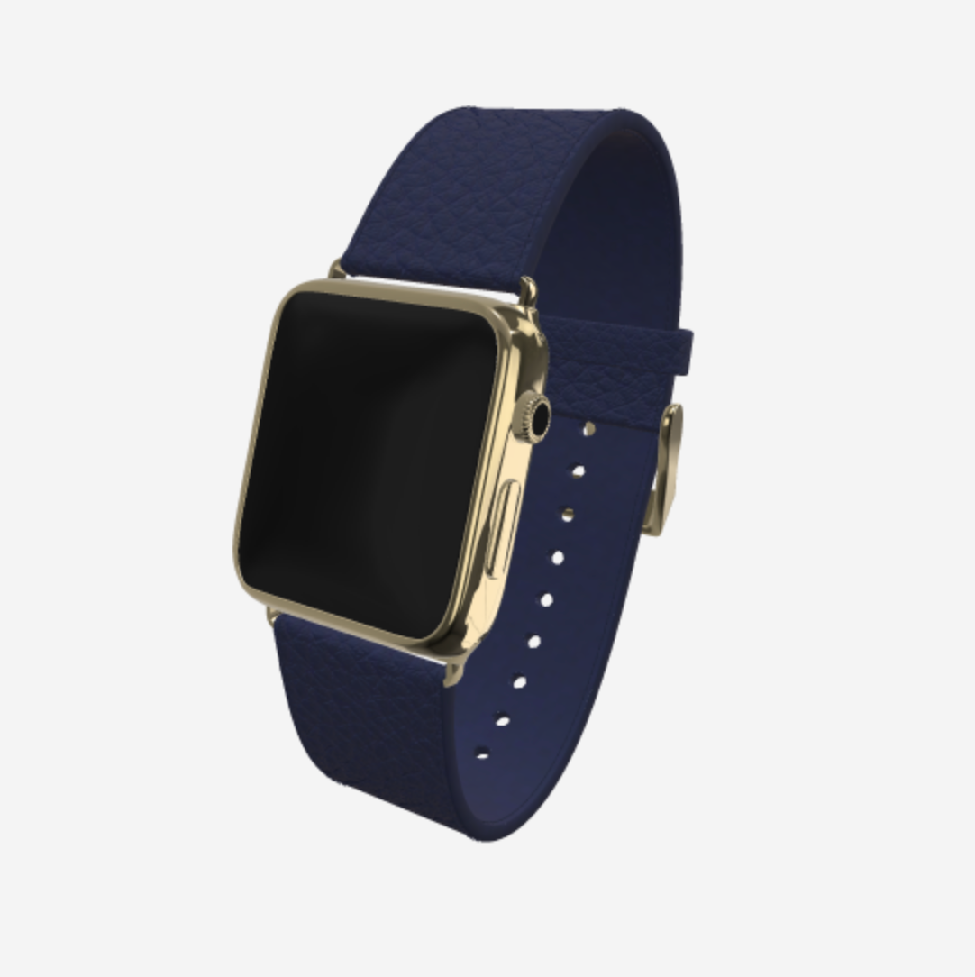 Apple Watch Strap in Genuine Calfskin 42 l 44 MM Navy Blue Yellow Gold 