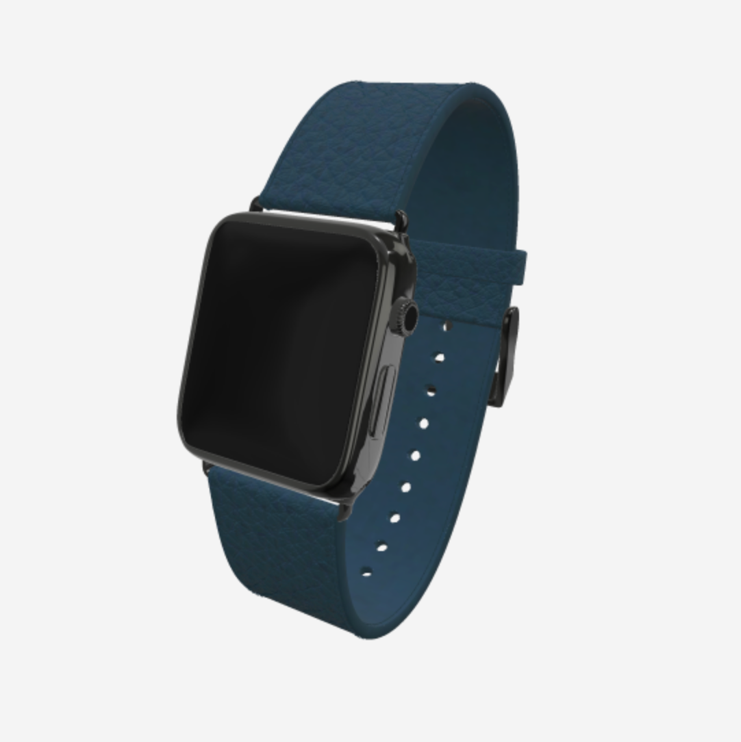 Apple Watch Strap in Genuine Calfskin 42 l 44 MM Night Blue Black Plating 