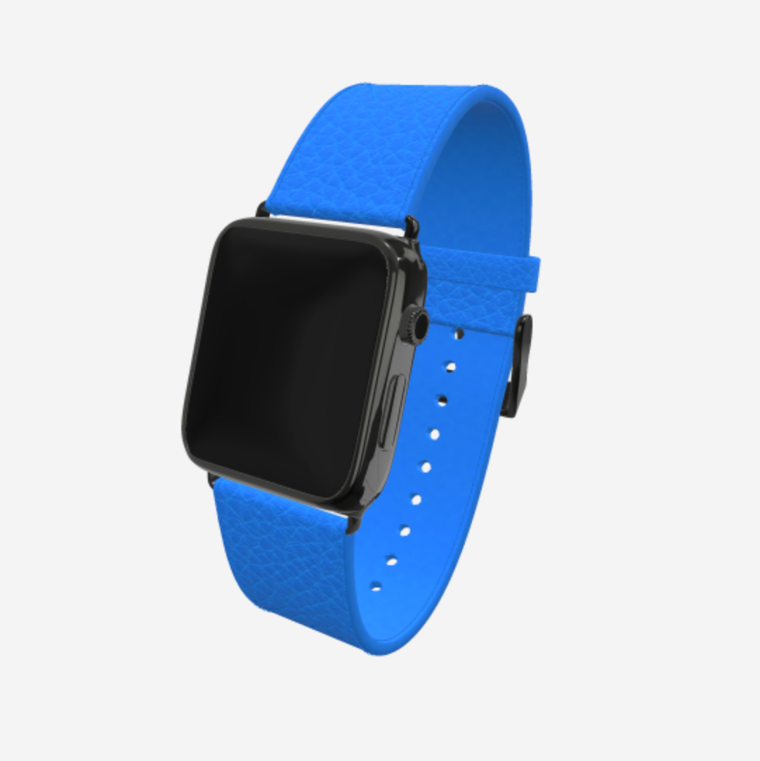 Apple Watch Strap in Genuine Calfskin 42 l 44 MM Royal Blue Black Plating 