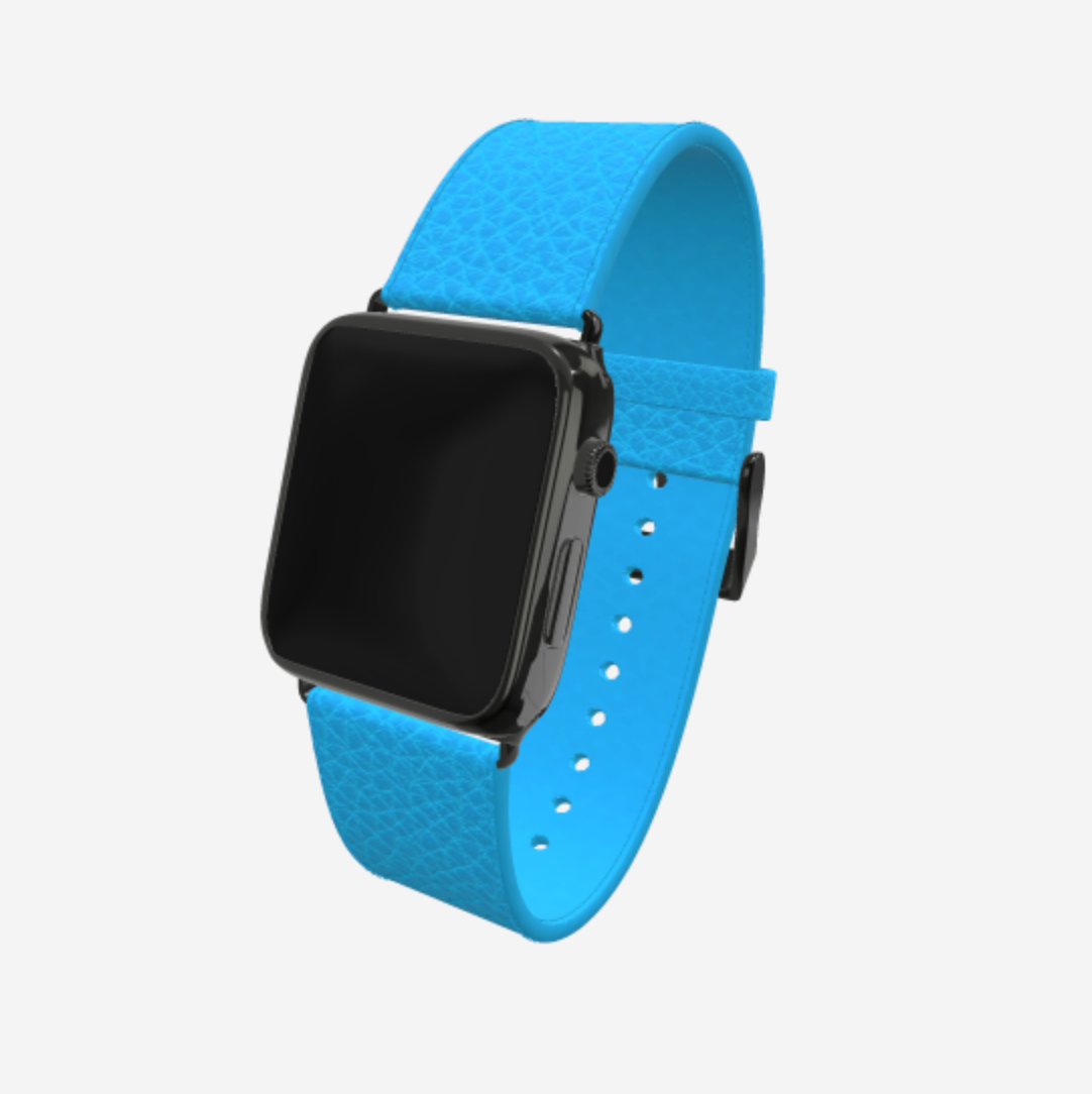 Apple Watch Strap in Genuine Calfskin 42 l 44 MM Tropical Blue Black Plating 