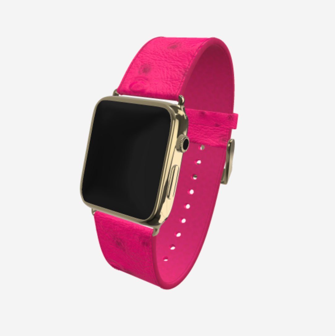 Apple Watch Strap in Genuine Ostrich 38 l 40 MM Fuchsia Party Yellow Gold 