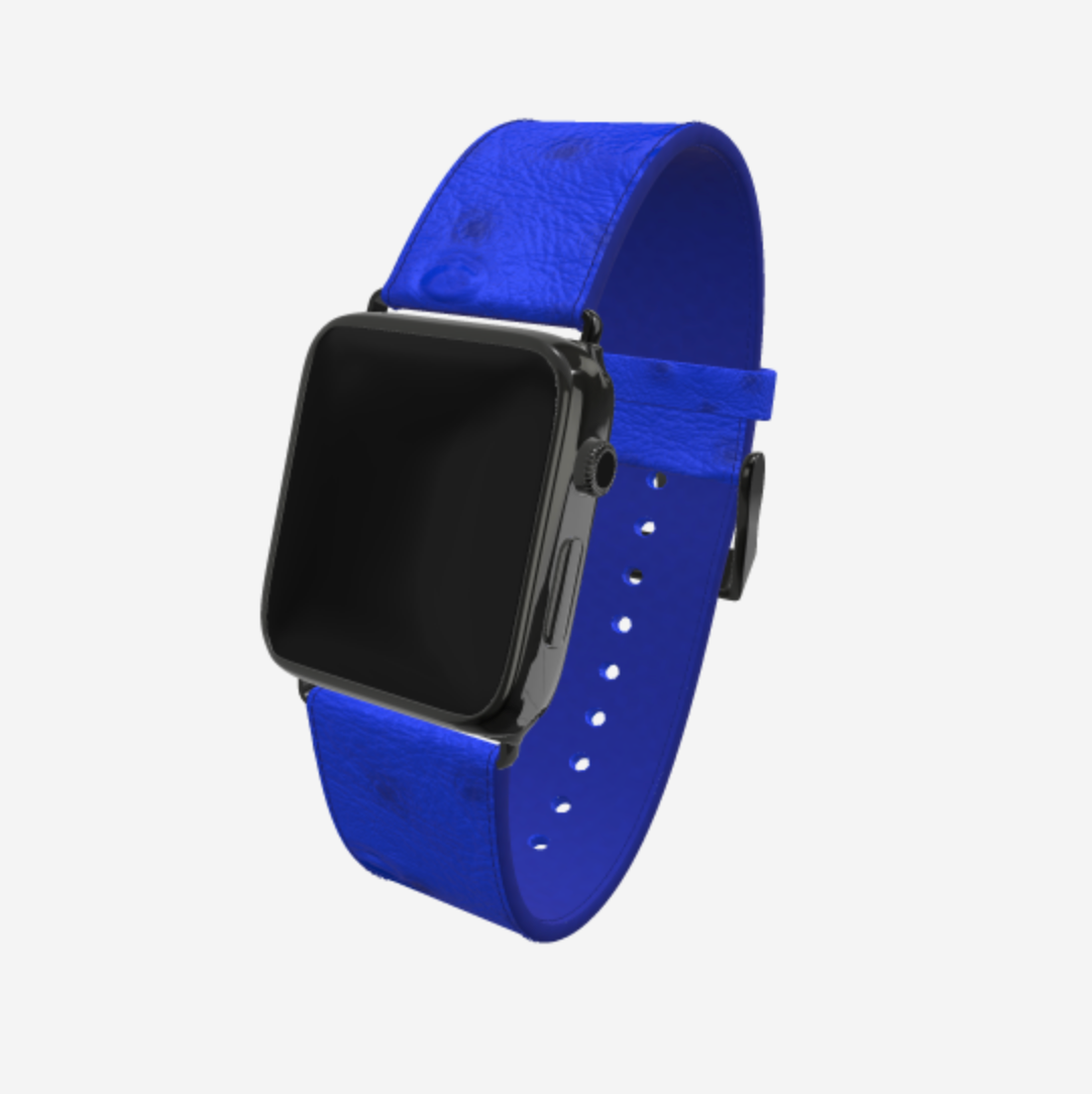 Apple Watch Strap in Genuine Ostrich 42 l 44 MM Electric Blue Black Plating 