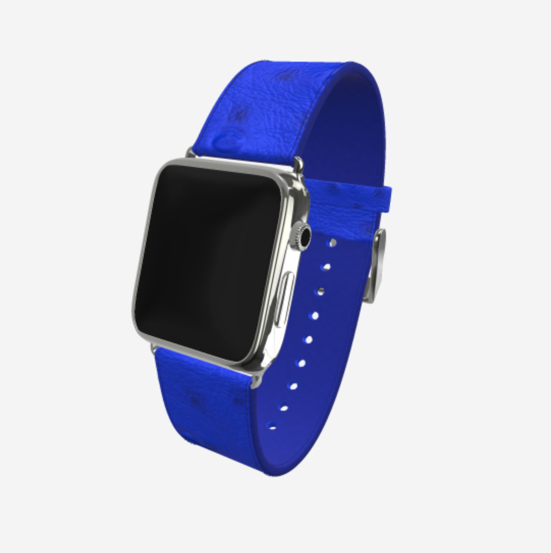 Apple Watch Strap in Genuine Ostrich 42 l 44 MM Electric Blue Steel 316 