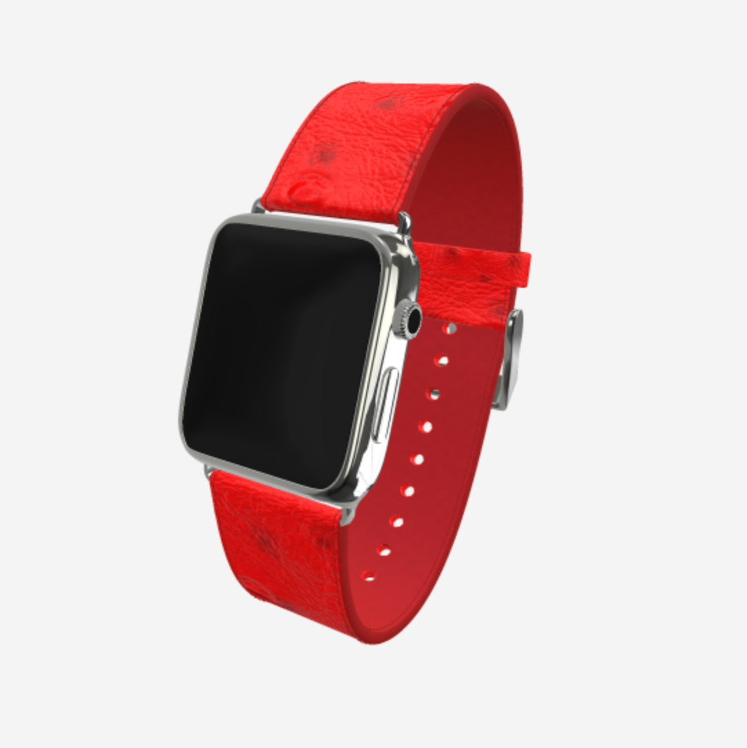 Apple Watch Strap in Genuine Ostrich 42 l 44 MM Glamour Red Steel 316 