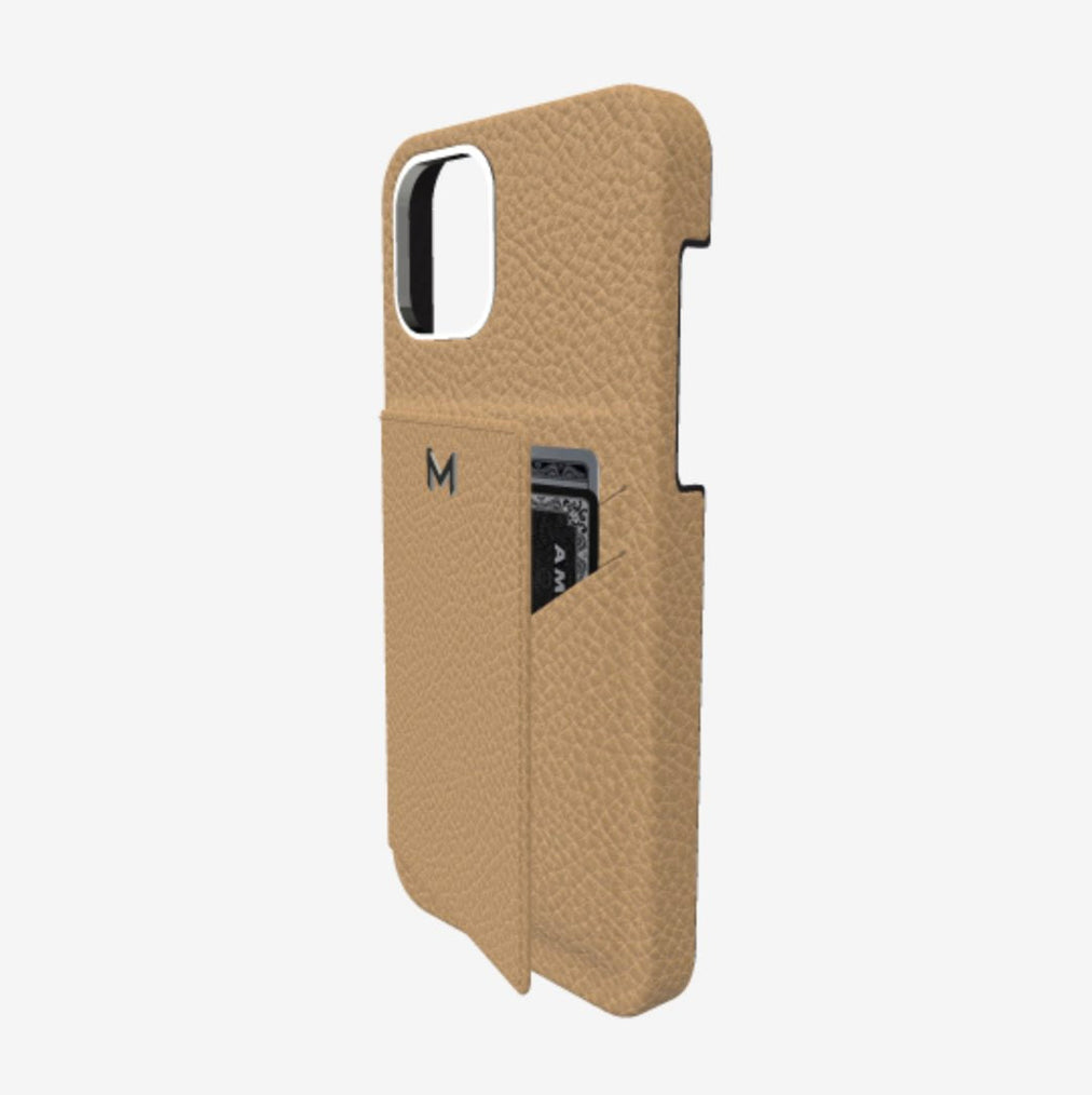 Cardholder Case for iPhone 12 in Genuine Calfskin Beige Desert Steel 316 