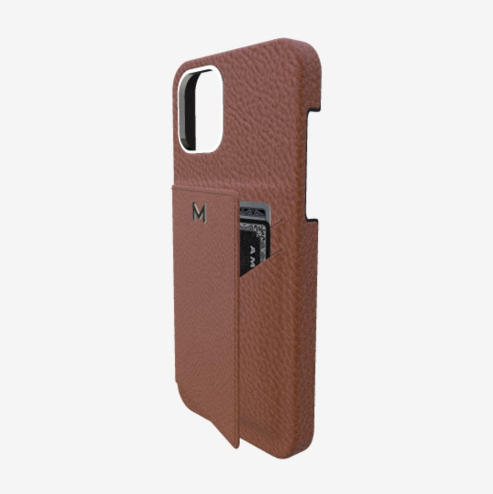 Cardholder Case for iPhone 12 in Genuine Calfskin Belmondo Brown Steel 316 