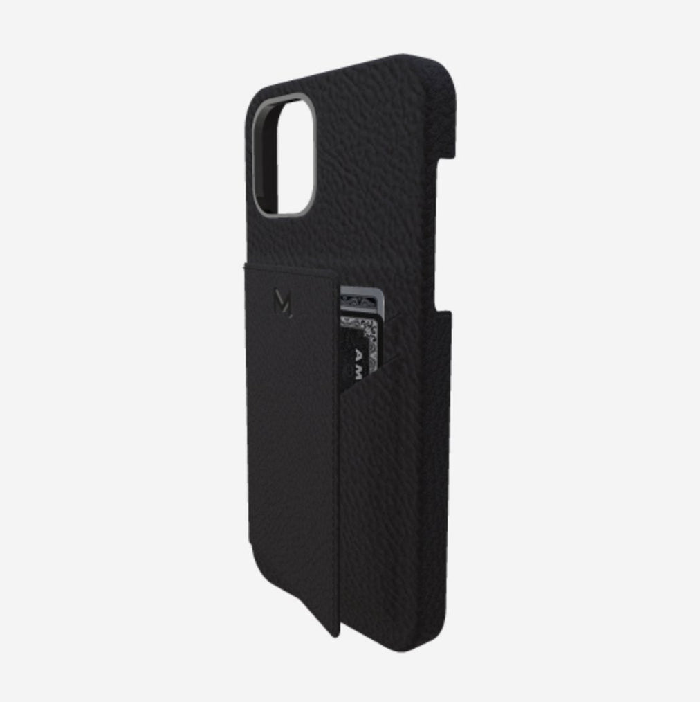 Cardholder Case for iPhone 12 in Genuine Calfskin Bond Black Black Plating 