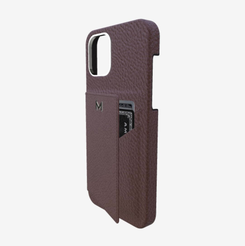 Cardholder Case for iPhone 12 in Genuine Calfskin Borsalino Brown Steel 316 