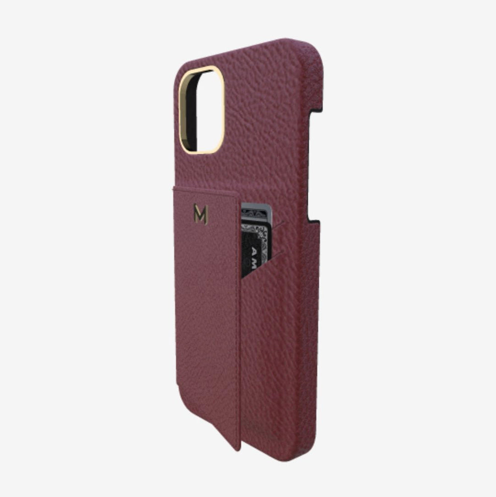 Cardholder Case for iPhone 12 in Genuine Calfskin Burgundy Palace Yellow Gold 