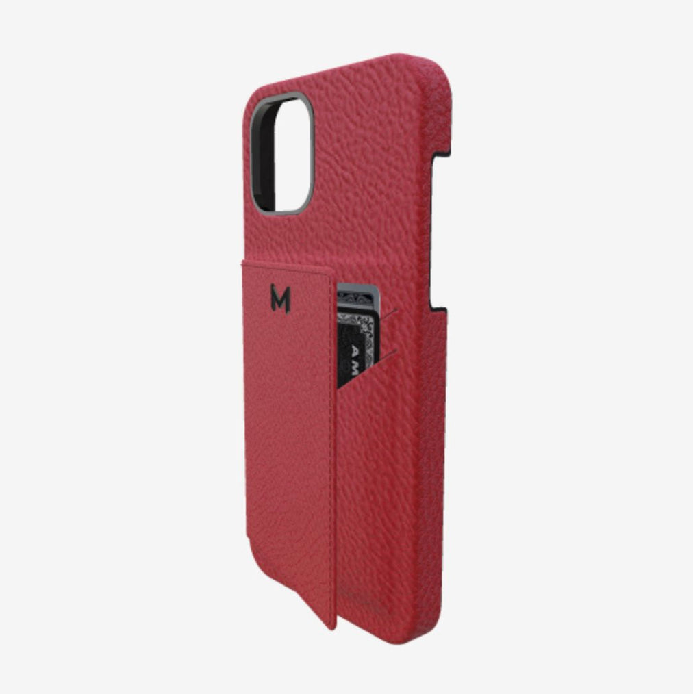 Cardholder Case for iPhone 12 in Genuine Calfskin Coral Red Black Plating 