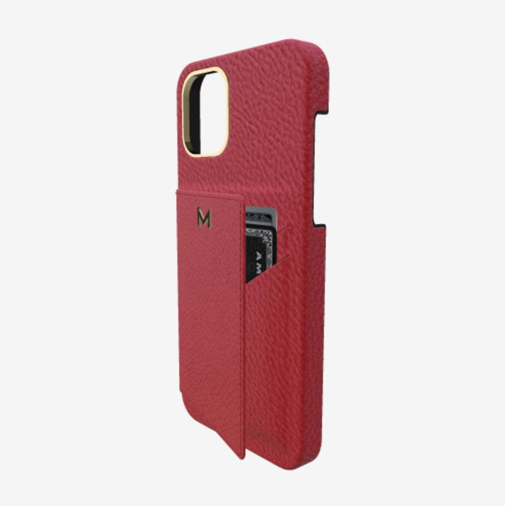 Cardholder Case for iPhone 12 in Genuine Calfskin Coral Red Yellow Gold 