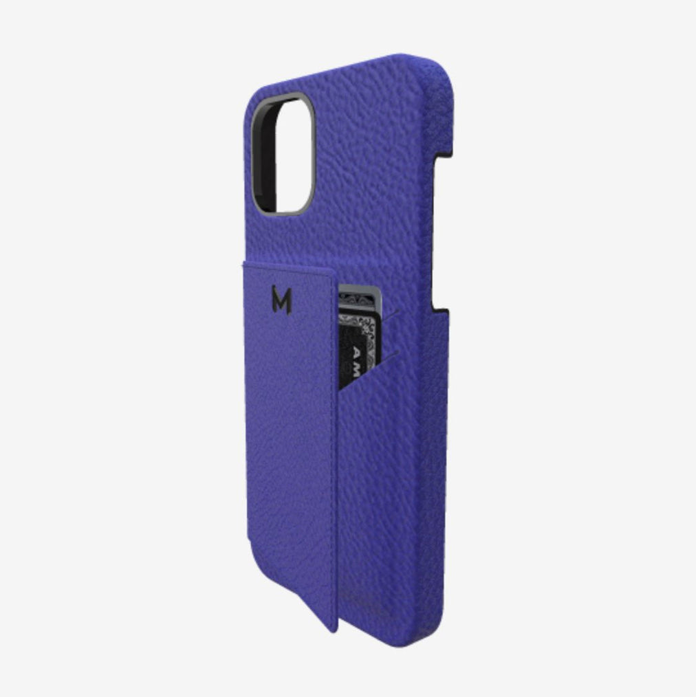 Cardholder Case for iPhone 12 in Genuine Calfskin Electric Blue Black Plating 