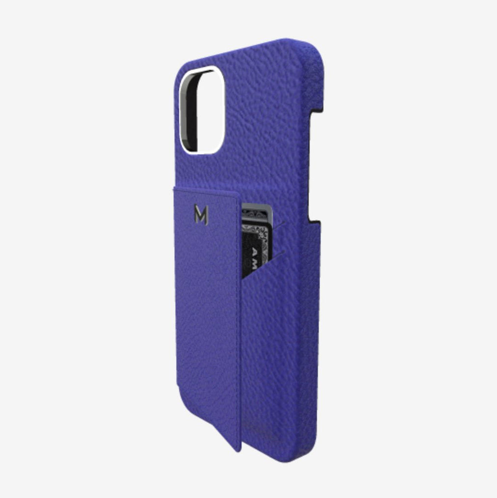 Cardholder Case for iPhone 12 in Genuine Calfskin Electric Blue Steel 316 