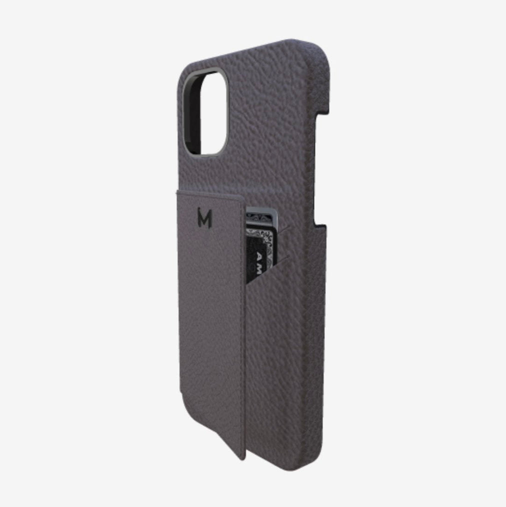 Cardholder Case for iPhone 12 in Genuine Calfskin Elite Grey Black Plating 