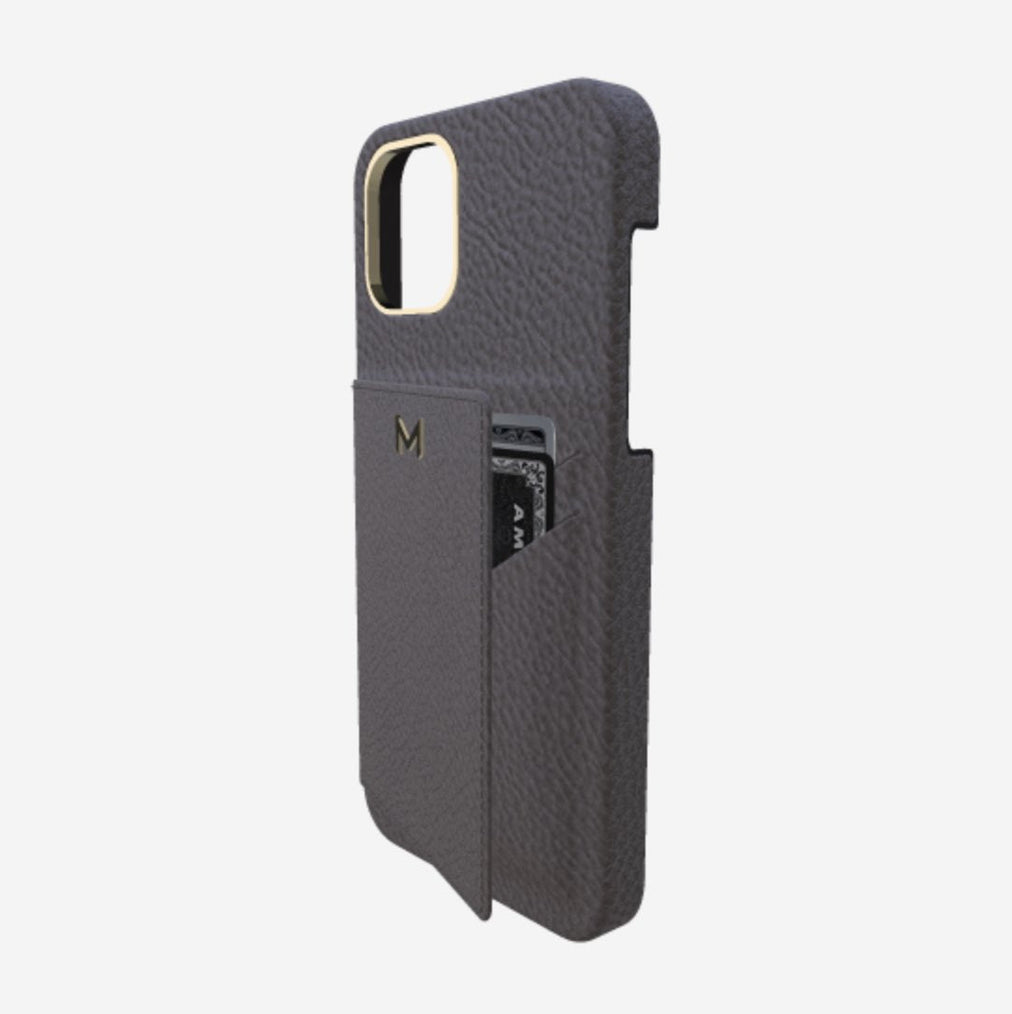 Cardholder Case for iPhone 12 in Genuine Calfskin Elite Grey Yellow Gold 