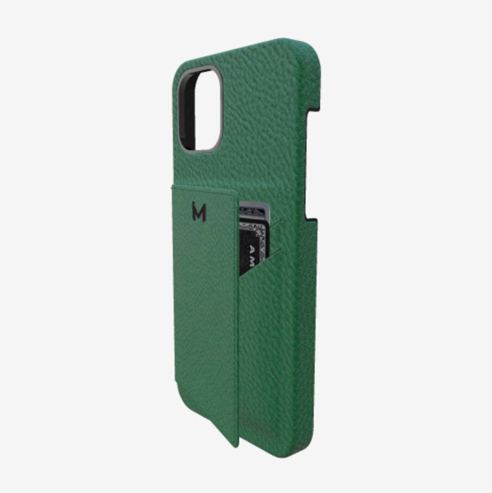 Cardholder Case for iPhone 12 in Genuine Calfskin Emerald Green Black Plating 