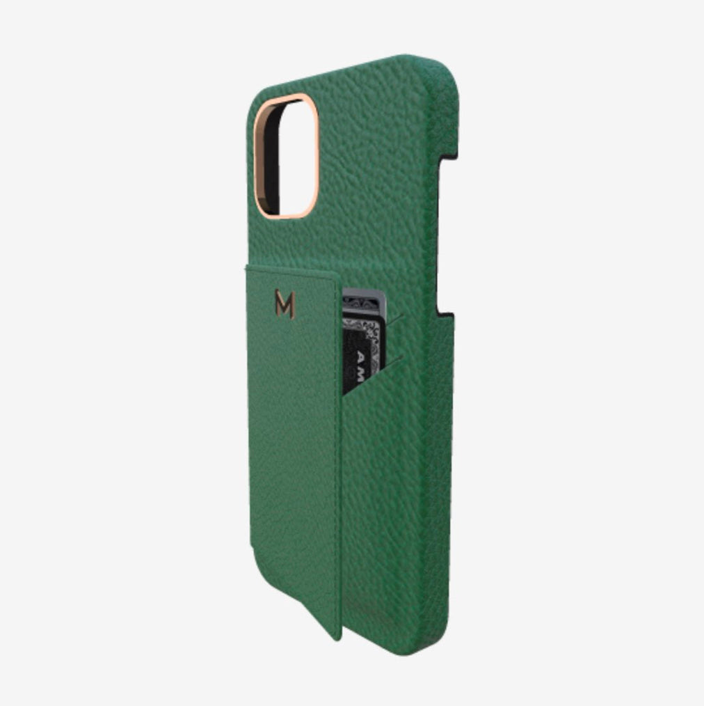 Cardholder Case for iPhone 12 in Genuine Calfskin Emerald Green Rose Gold 