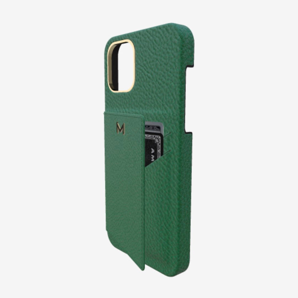 Cardholder Case for iPhone 12 in Genuine Calfskin Emerald Green Yellow Gold 