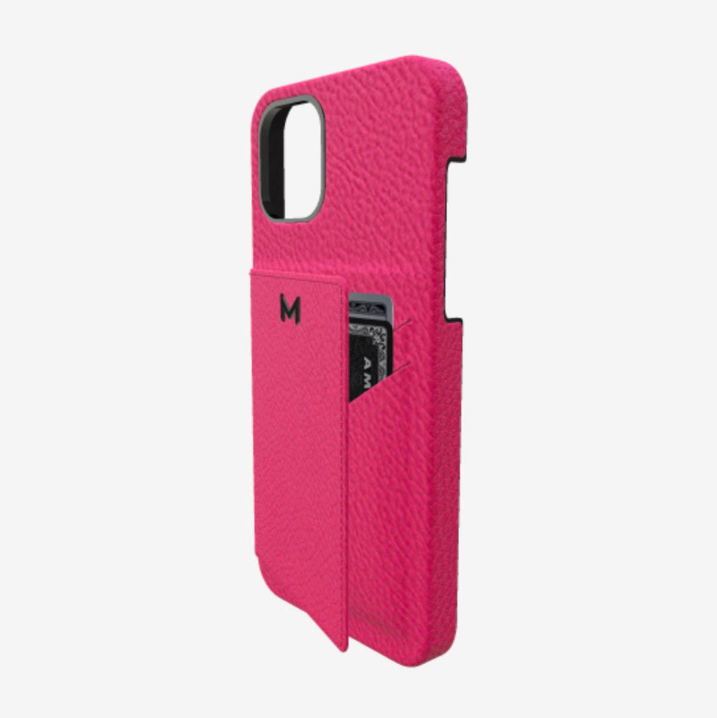 Cardholder Case for iPhone 12 in Genuine Calfskin Fuchsia Party Black Plating 