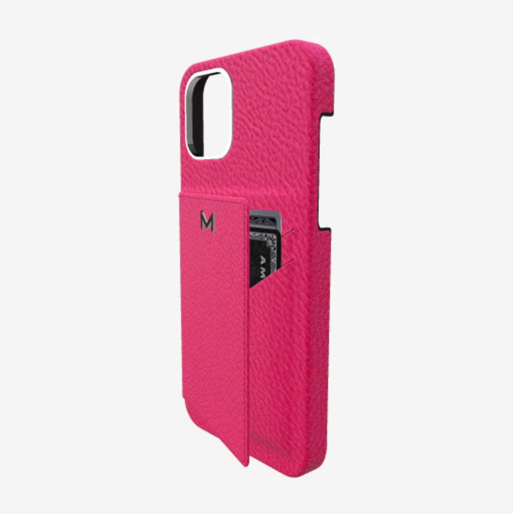 Cardholder Case for iPhone 12 in Genuine Calfskin Fuchsia Party Steel 316 