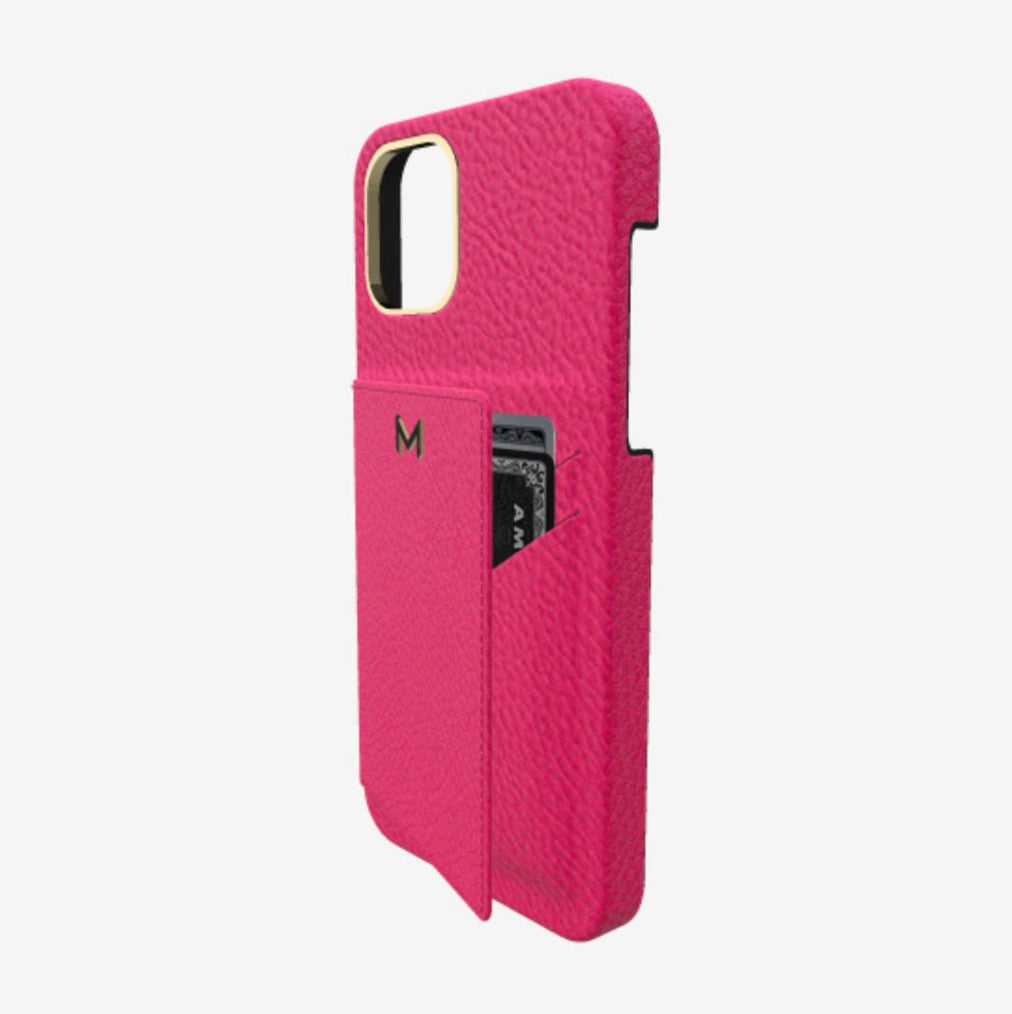Cardholder Case for iPhone 12 in Genuine Calfskin Fuchsia Party Yellow Gold 