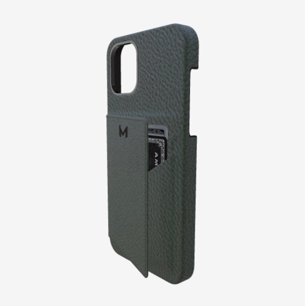 Cardholder Case for iPhone 12 in Genuine Calfskin Jungle Green Black Plating 