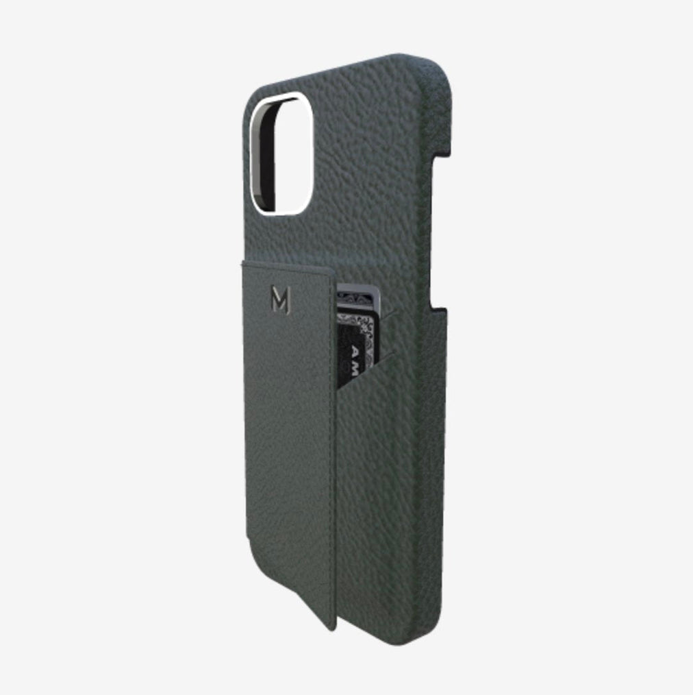 Cardholder Case for iPhone 12 in Genuine Calfskin Jungle Green Steel 316 