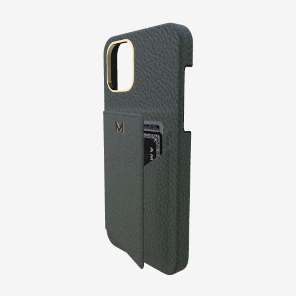 Cardholder Case for iPhone 12 in Genuine Calfskin Jungle Green Yellow Gold 