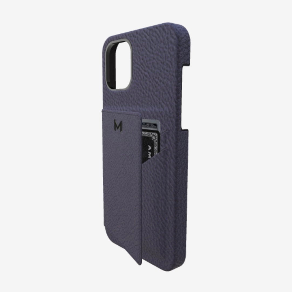 Cardholder Case for iPhone 12 in Genuine Calfskin Navy Blue Black Plating 