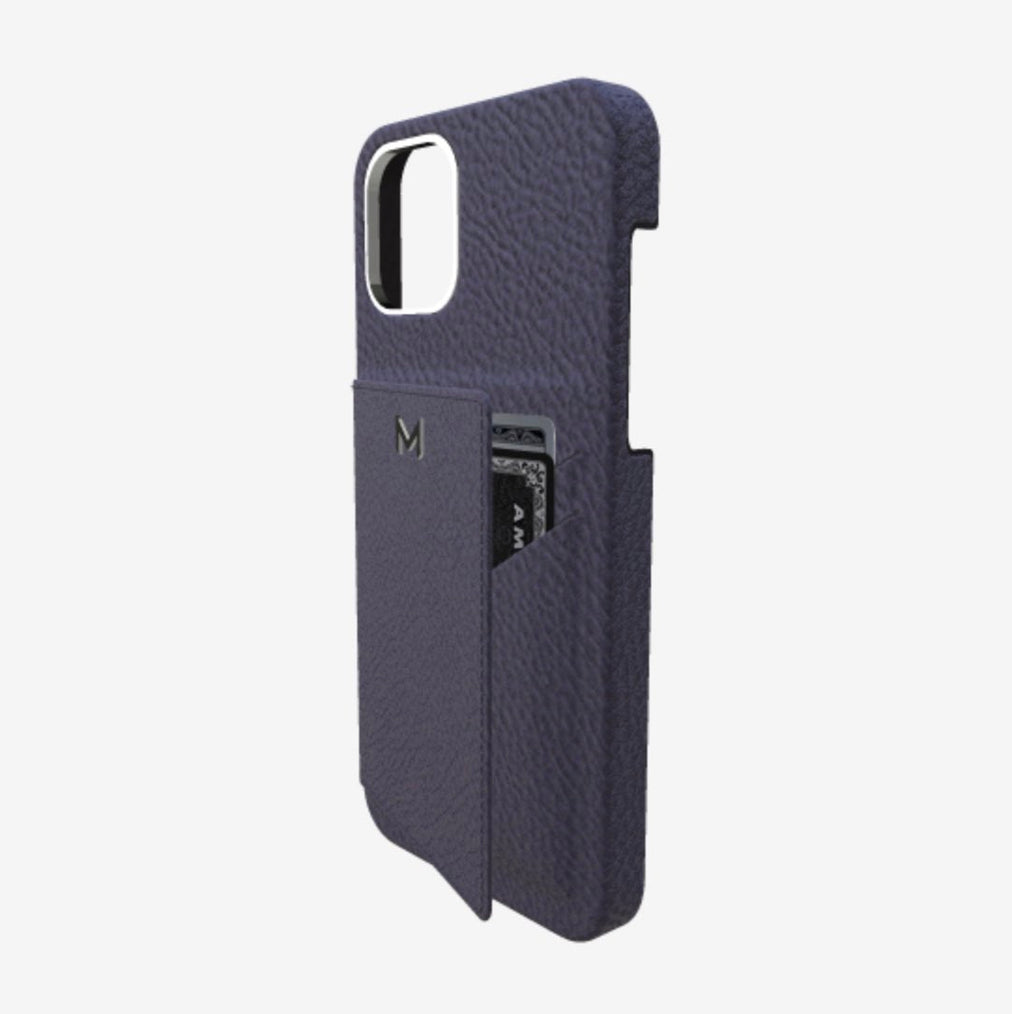 Cardholder Case for iPhone 12 in Genuine Calfskin Navy Blue Steel 316 