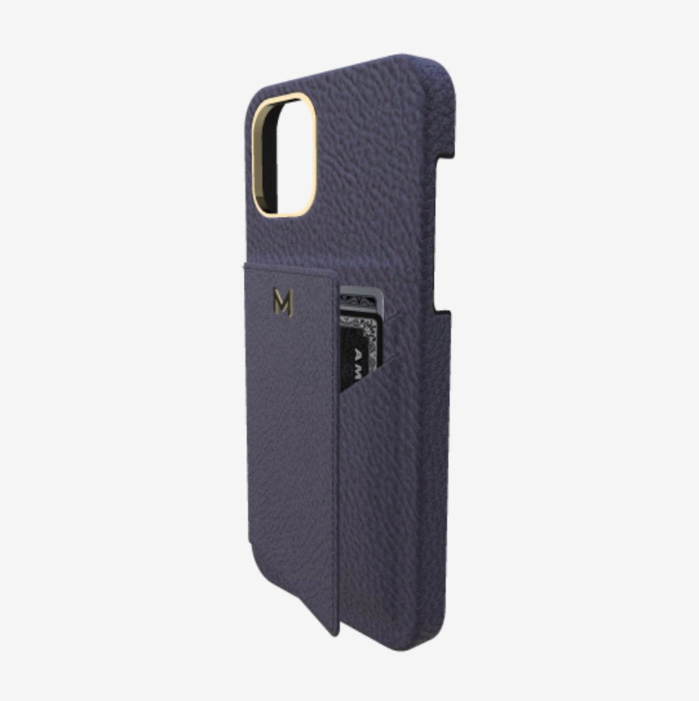 Cardholder Case for iPhone 12 in Genuine Calfskin Navy Blue Yellow Gold 
