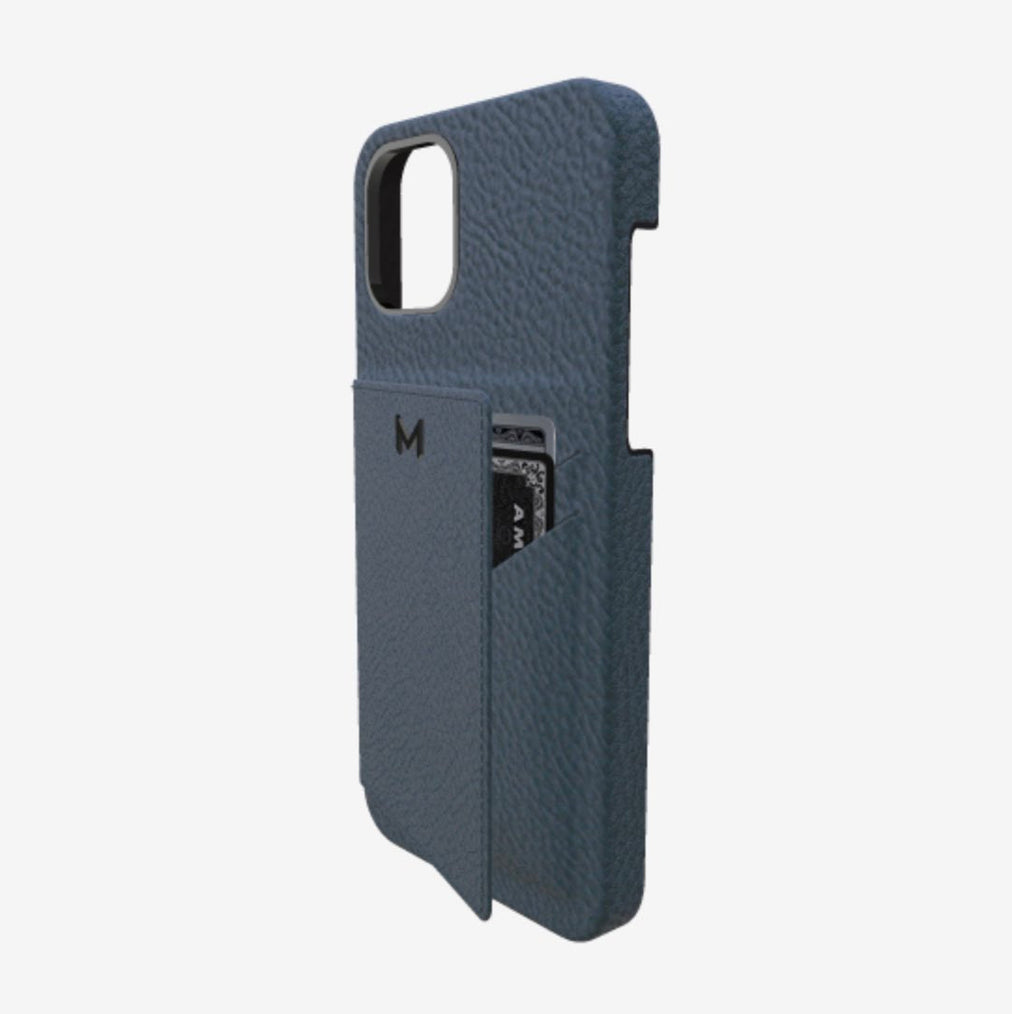 Cardholder Case for iPhone 12 in Genuine Calfskin Night Blue Black Plating 