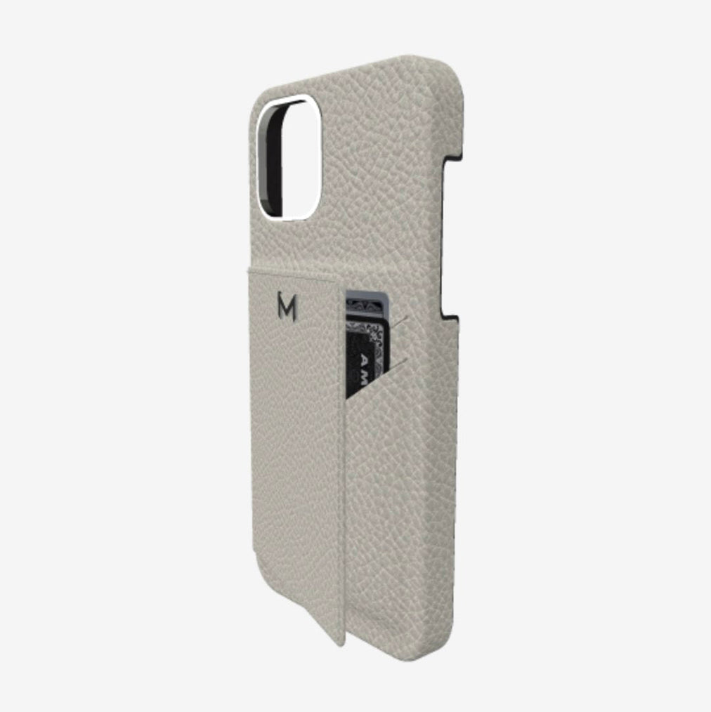 Cardholder Case for iPhone 12 in Genuine Calfskin Pearl Grey Steel 316 