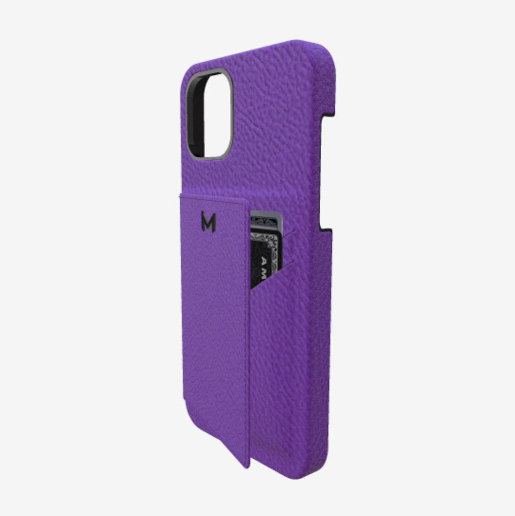 Cardholder Case for iPhone 12 in Genuine Calfskin Purple Rain Black Plating 