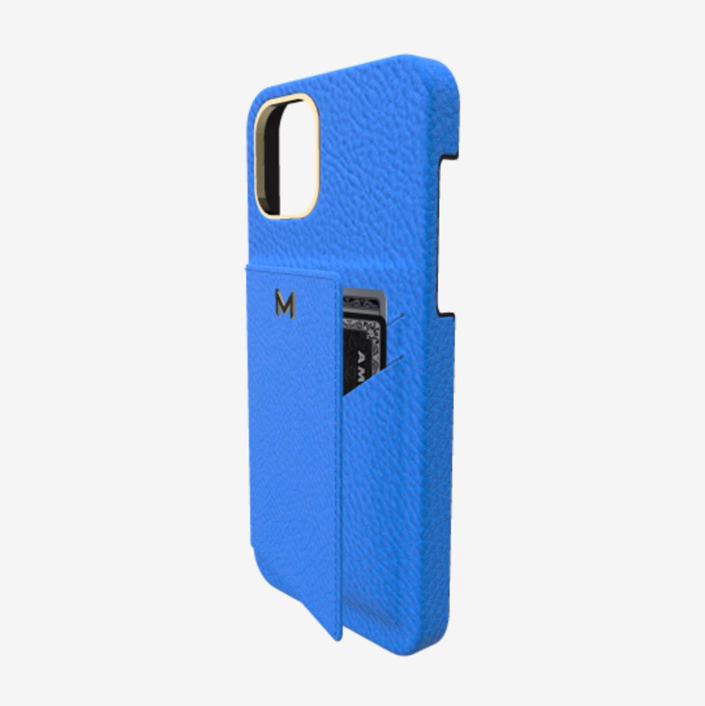 Cardholder Case for iPhone 12 in Genuine Calfskin Royal Blue Yellow Gold 