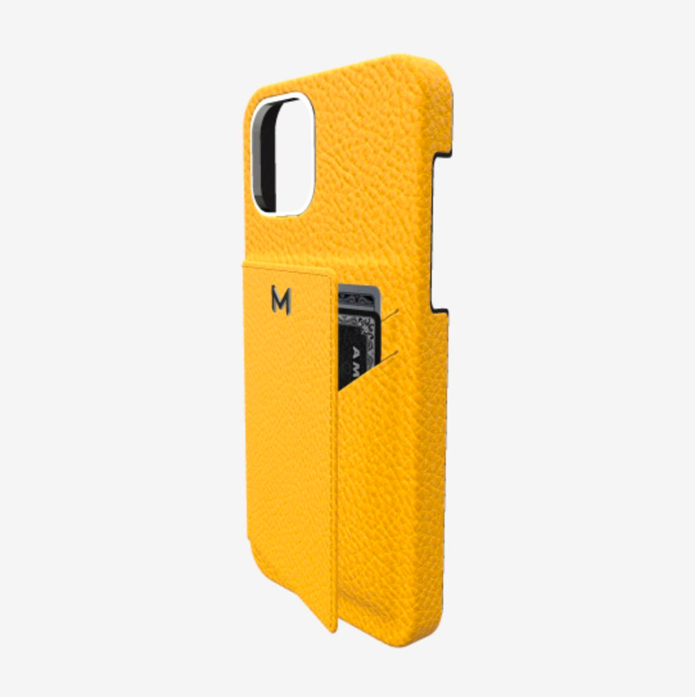 Cardholder Case for iPhone 12 in Genuine Calfskin Sunny Yellow Steel 316 