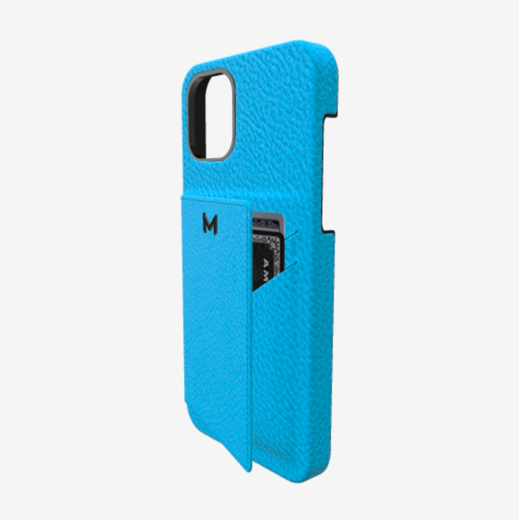 Cardholder Case for iPhone 12 in Genuine Calfskin Tropical Blue Black Plating 