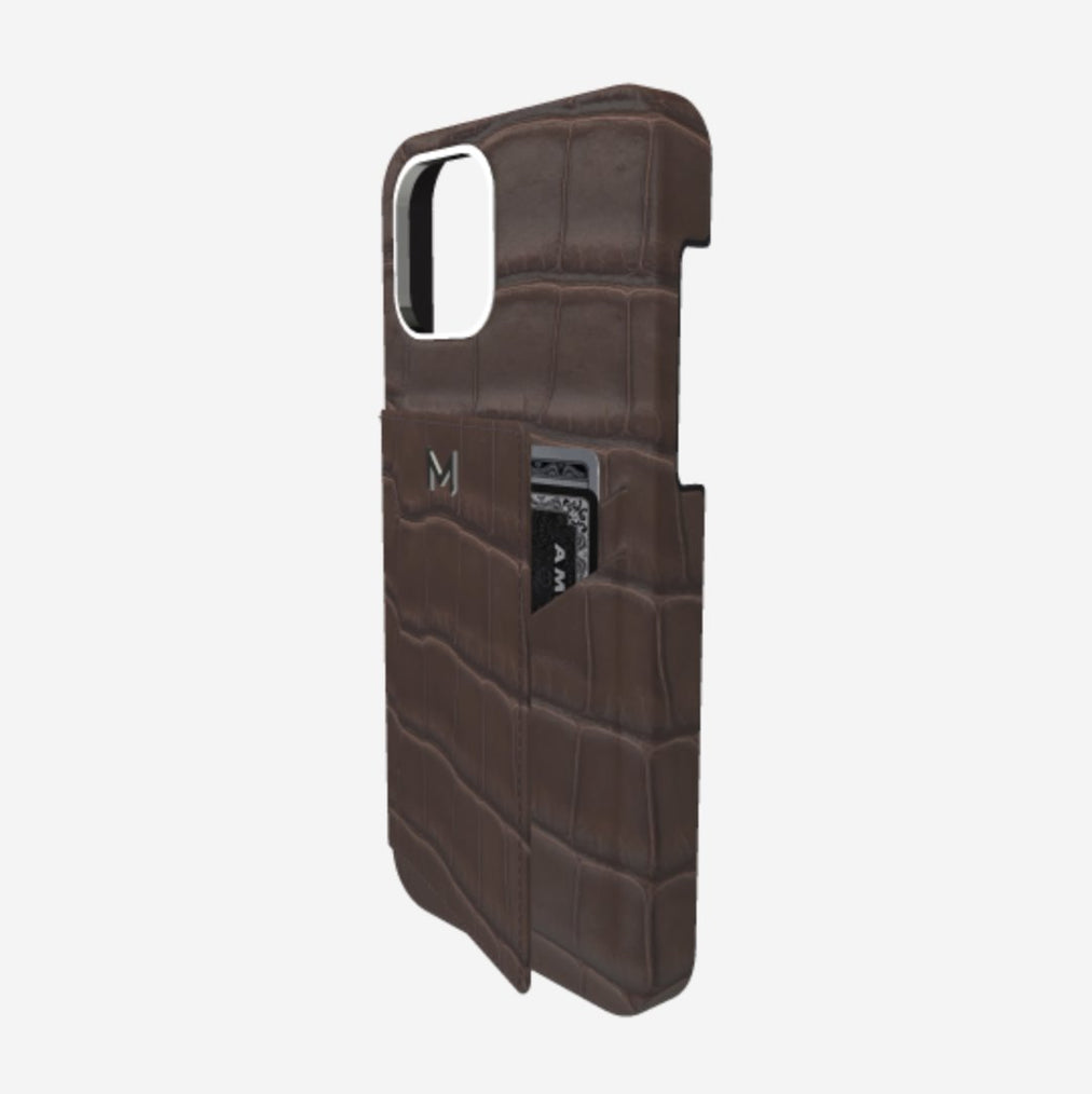 Cardholder Case for iPhone 12 Pro in Genuine Alligator Borsalino Brown Steel 316 