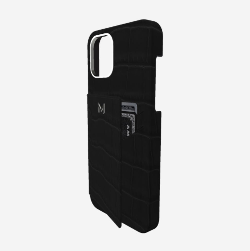 Cardholder Case for iPhone 12 Pro in Genuine Alligator Carbon Black Steel 316 