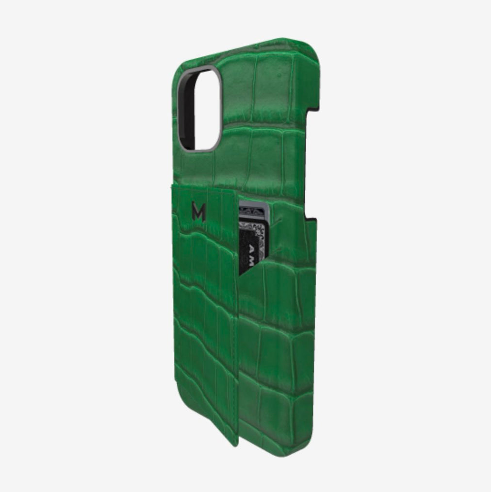 Cardholder Case for iPhone 12 Pro in Genuine Alligator Emerald Green Black Plating 