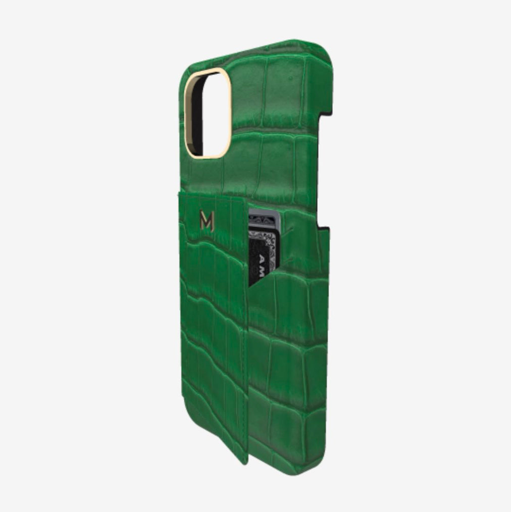 Cardholder Case for iPhone 12 Pro in Genuine Alligator Emerald Green Yellow Gold 